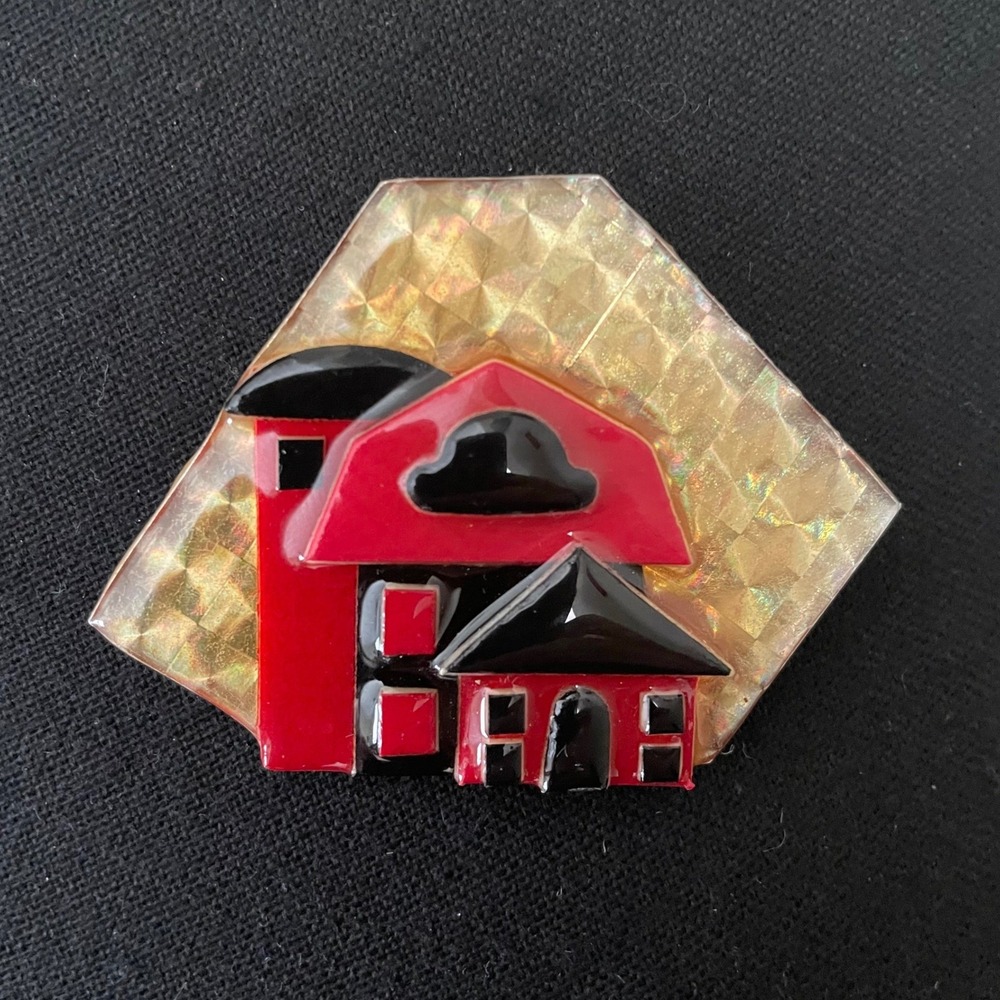 Vintage House Pins by Lucinda Brooch Barn Silo‎ Red Black Gold Farm Pin Maine